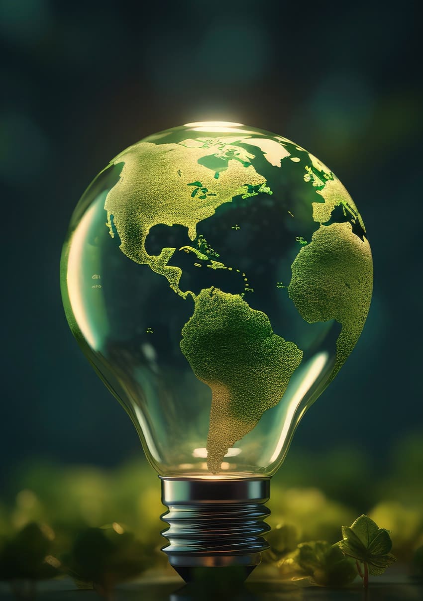 A light bulb with a glowing green globe inside.