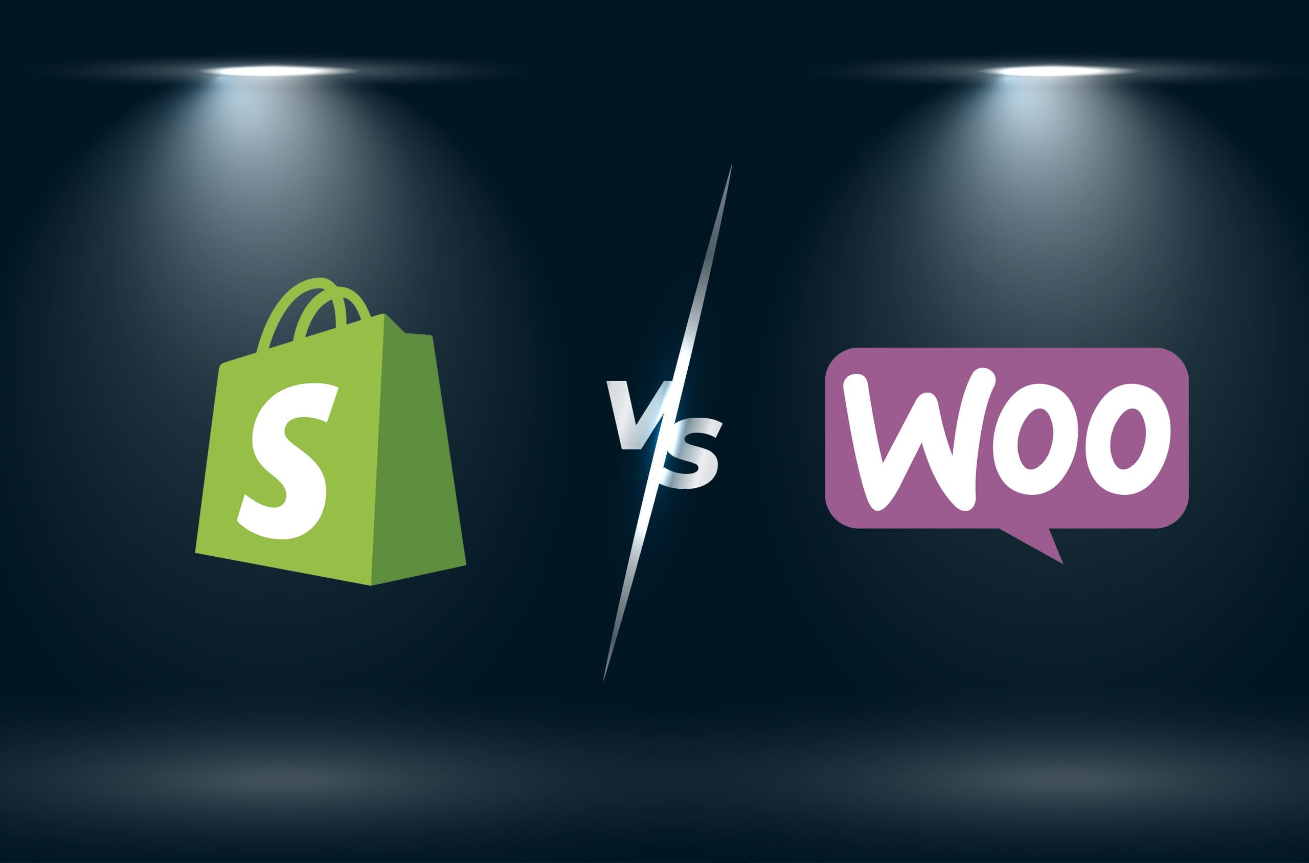 Comparison graphic depicting two shopping icons, one labeled "s" in a green bag under a spotlight and another labeled "woo" in a purple speech bubble, separated by a "vs" sign.