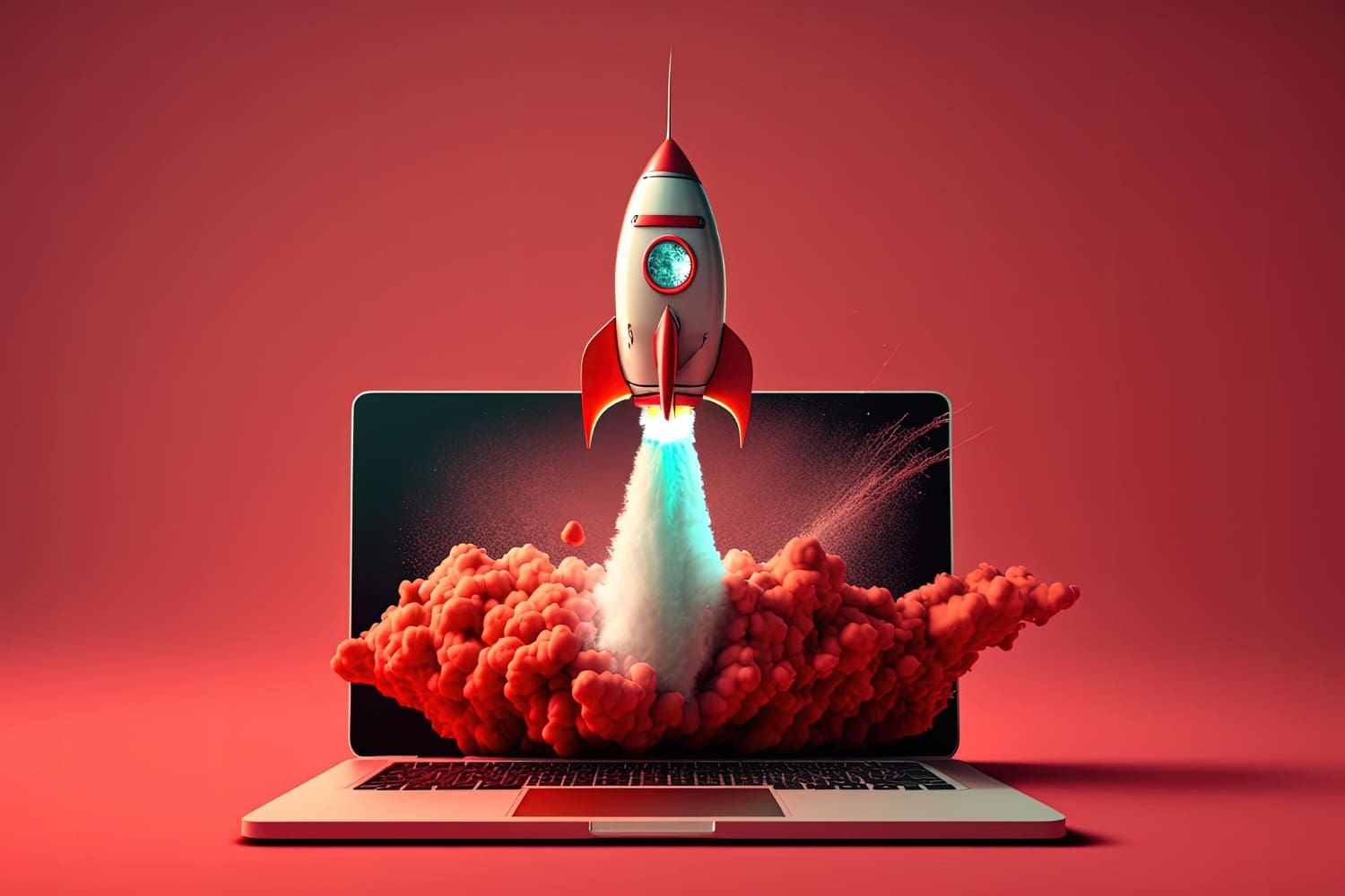 A small rocket launches from a laptop screen, with red smoke and particles surrounding it against a red background.
