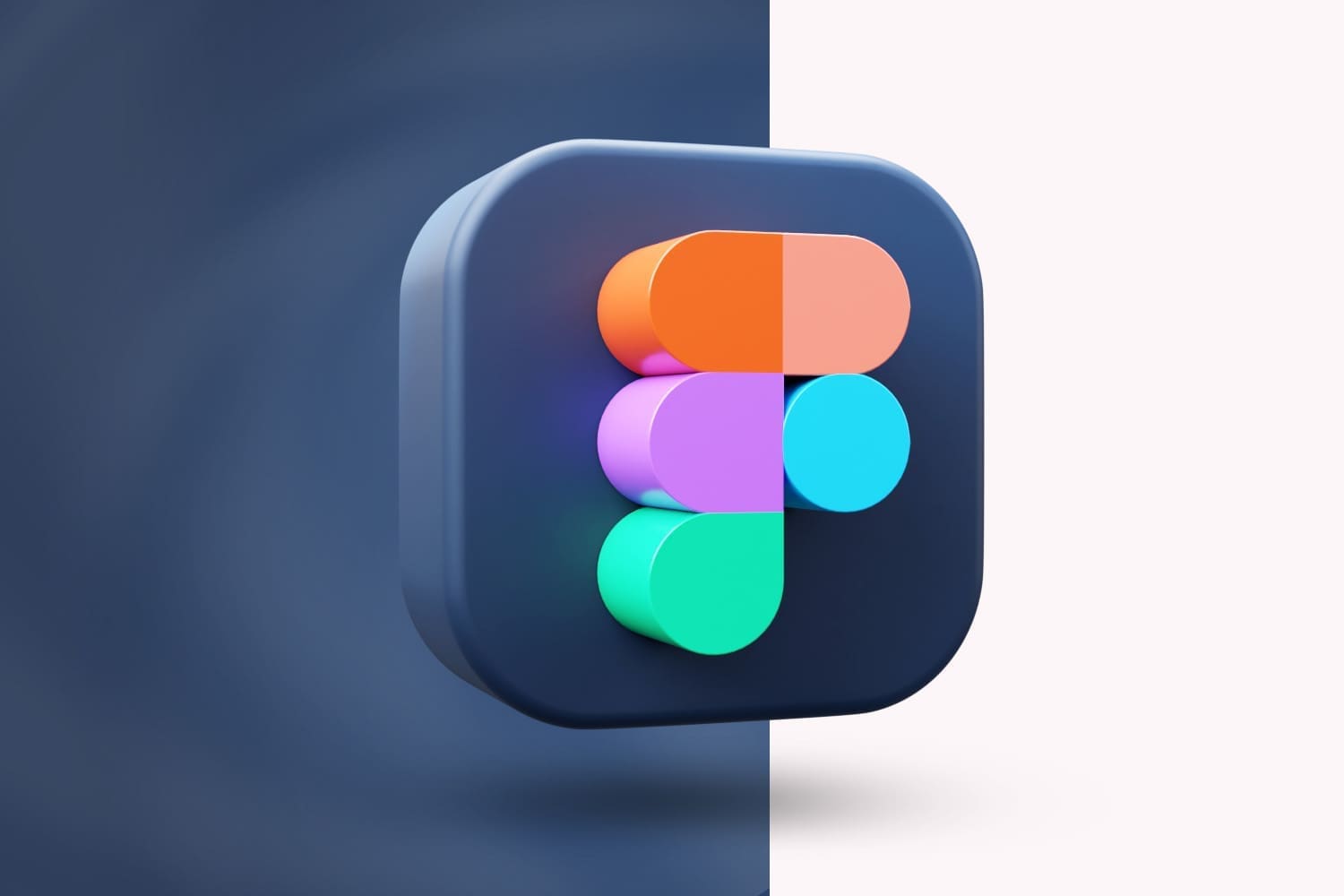 3D Figma logo with multicolored shapes on a dark blue to white gradient background.