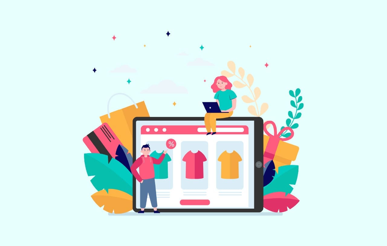 Illustration of two people shopping online using a tablet. One person is standing and pointing at the tablet screen displaying shirts, while the other person is sitting on top of the tablet with a laptop.
