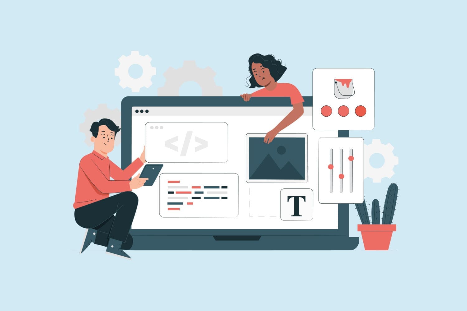 Illustration of two people working on website design elements shown on a large screen, including code, images, text, and sliders, with gears and plants as background elements.