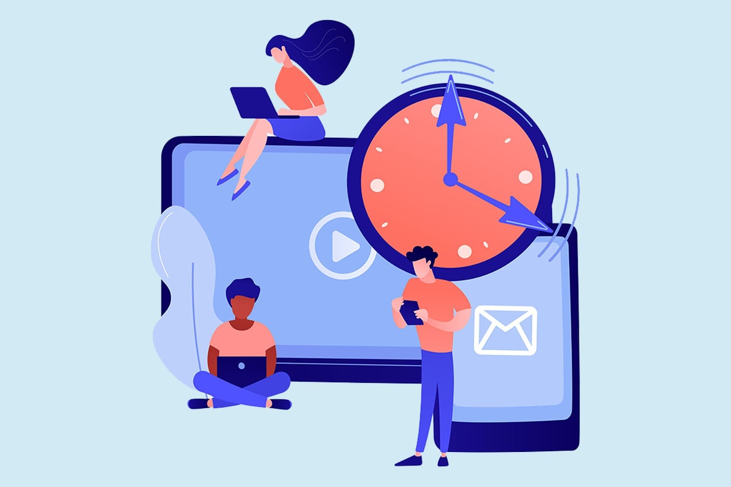 Illustration of three people using digital devices near a large clock, tablet, and smartphone, symbolizing time management and digital communication.